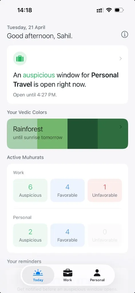 Waydic Today tab: greeting, the currently open auspicious window for Personal Travel, the Vedic color palette of the day (Rainforest), and counts of active muhurats for Work and Personal.